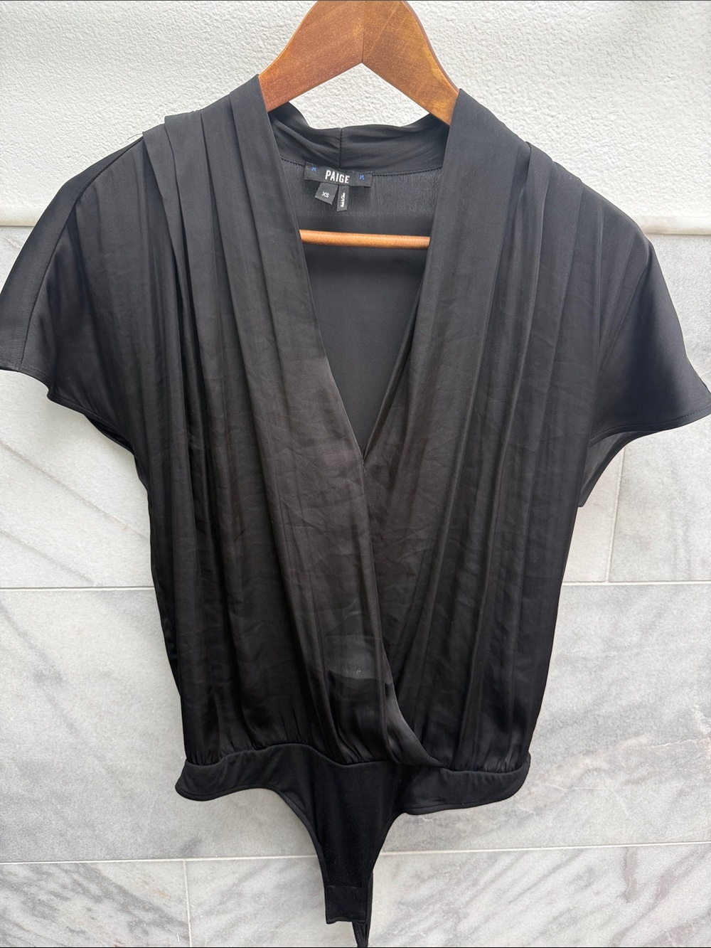 PAIGE Black Pleated V-Neck Short Sleeve Bodysuit